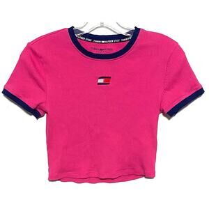 Tommy Hilfiger Sport Hot Pink Crop Top Ringer Baby Tee Ribbed Sewn Flag Logo XS